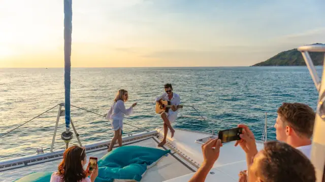 Leopard 47 Myra — guests on the bow
